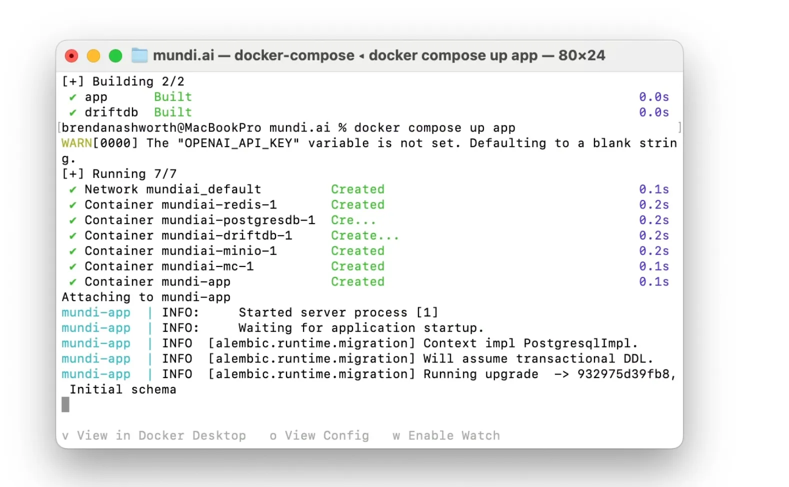 Screenshot of the terminal after running &#x27;docker compose up app&#x27;, showing the server starting.