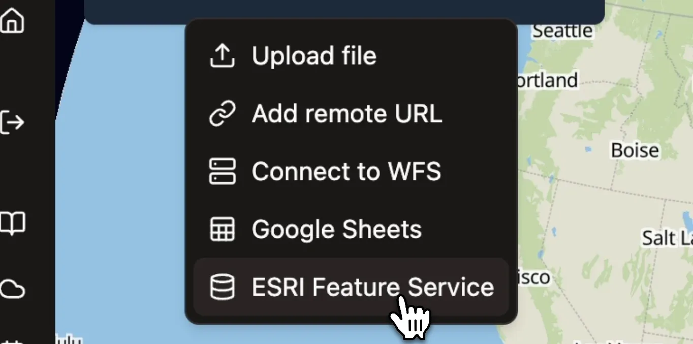 The Add layer source dropdown menu in Mundi.