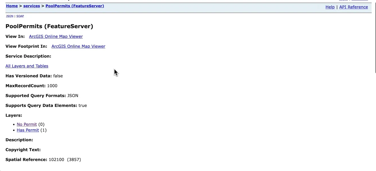 ESRI REST Servers Directory showing multiple layers with IDs.