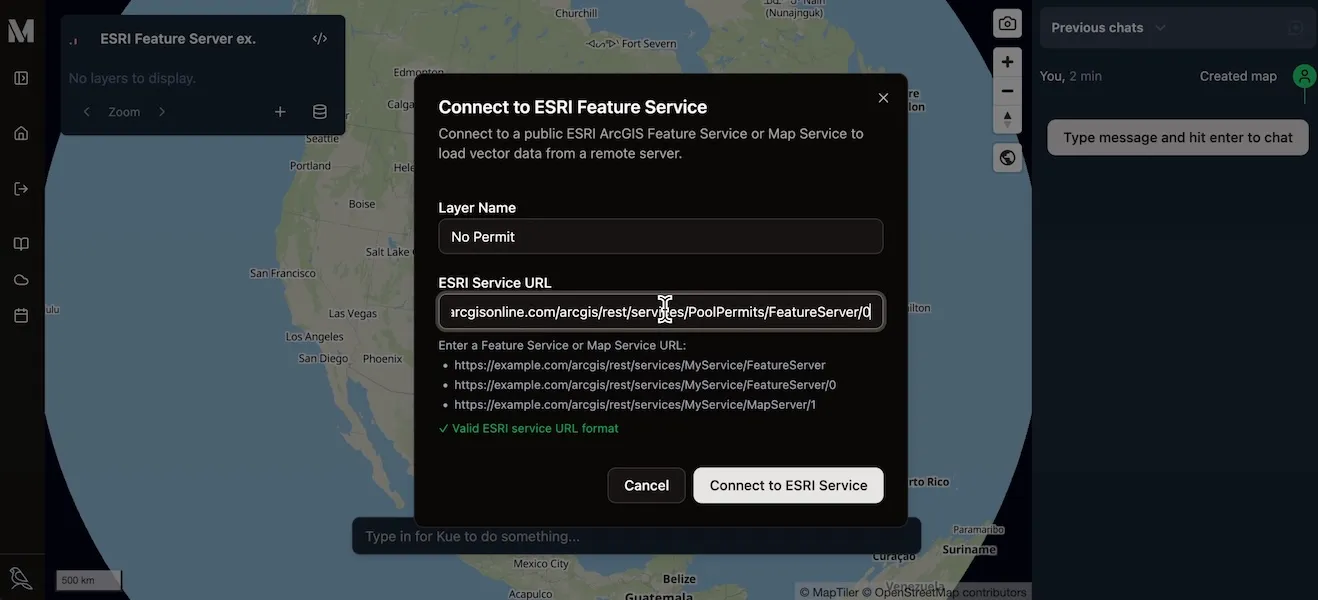 The &#x27;Connect to ESRI Feature Server&#x27; dialog with fields filled out.