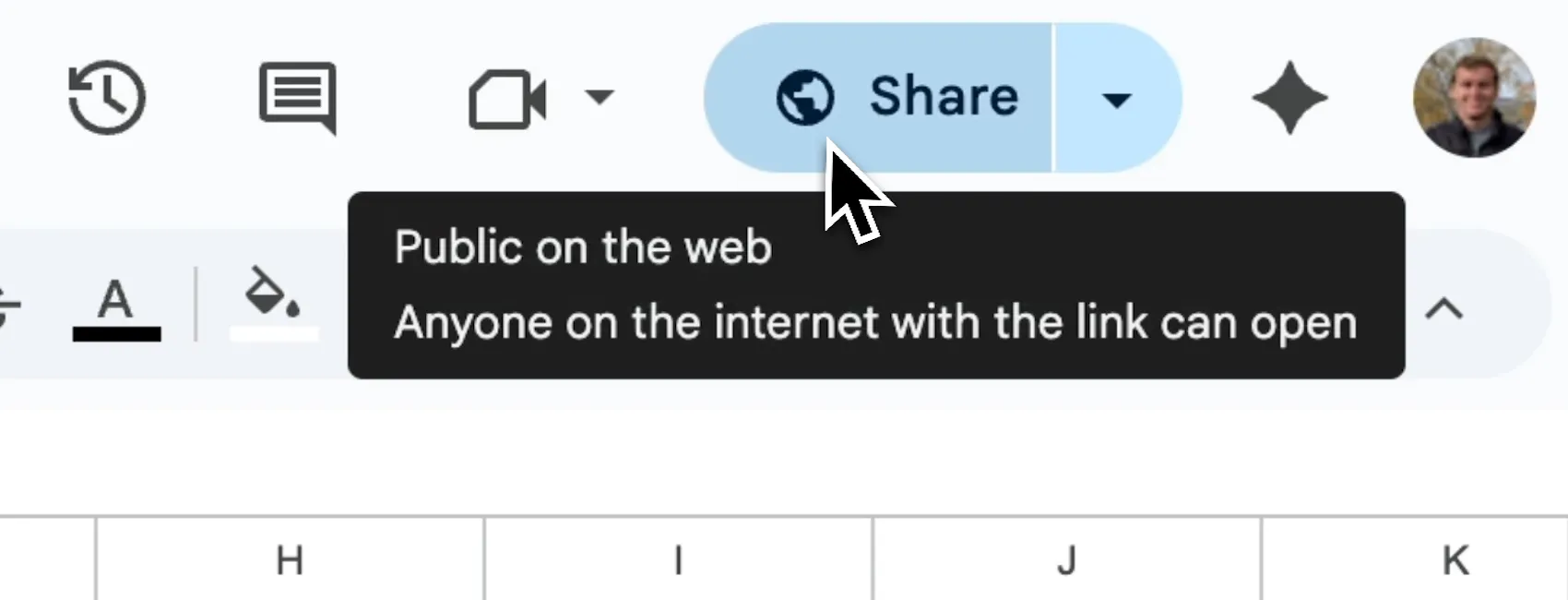 The Google Sheets sharing dialog, with "Anyone with the link" selected. (timestamp 00:26)