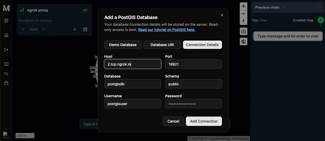ngrok PostGIS connection details