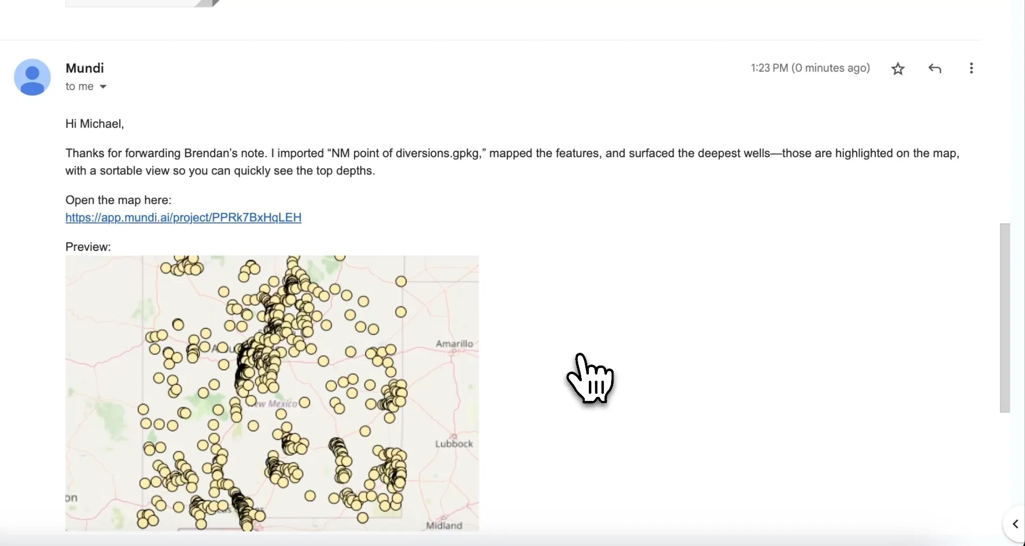 The reply email from Mundi showing a map preview and a link to the project.