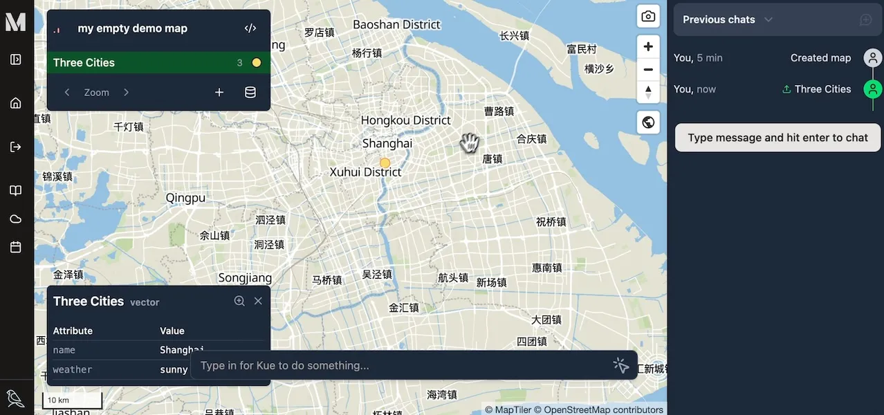 Clicking on the Shanghai point reveals its attributes, including "weather: sunny". (timestamp 01:05)
