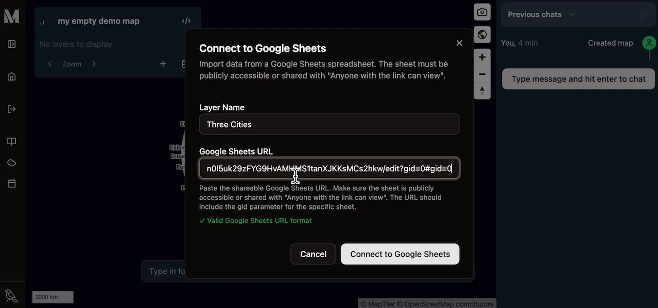The "Connect to Google Sheets" modal, filled out with a layer name and the sheet URL. (timestamp 00:41)