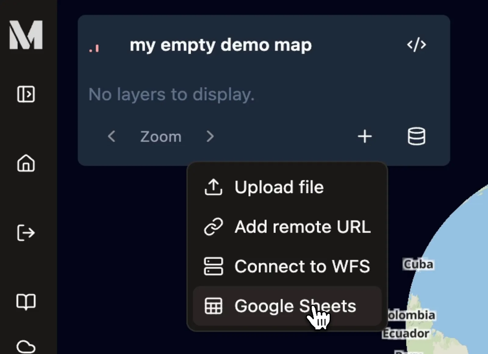The "Add layer source" menu in Mundi, with "Google Sheets" highlighted. (timestamp 00:34)