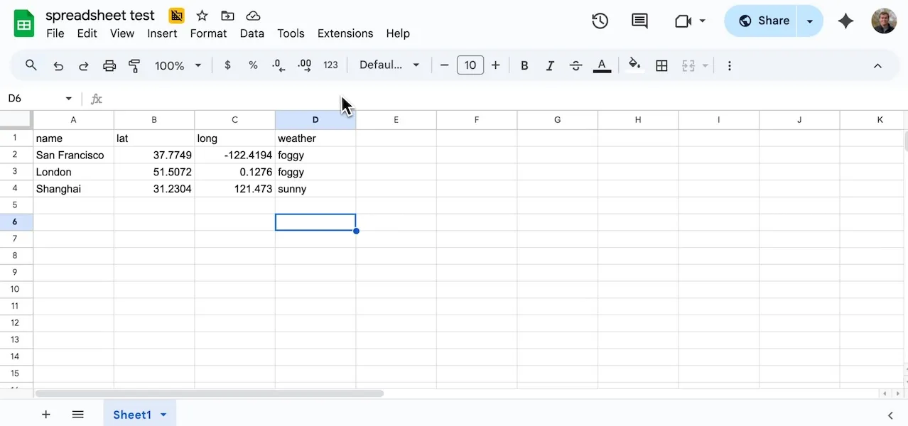 A Google Sheet formatted with columns for latitude and longitude. (timestamp 00:13)