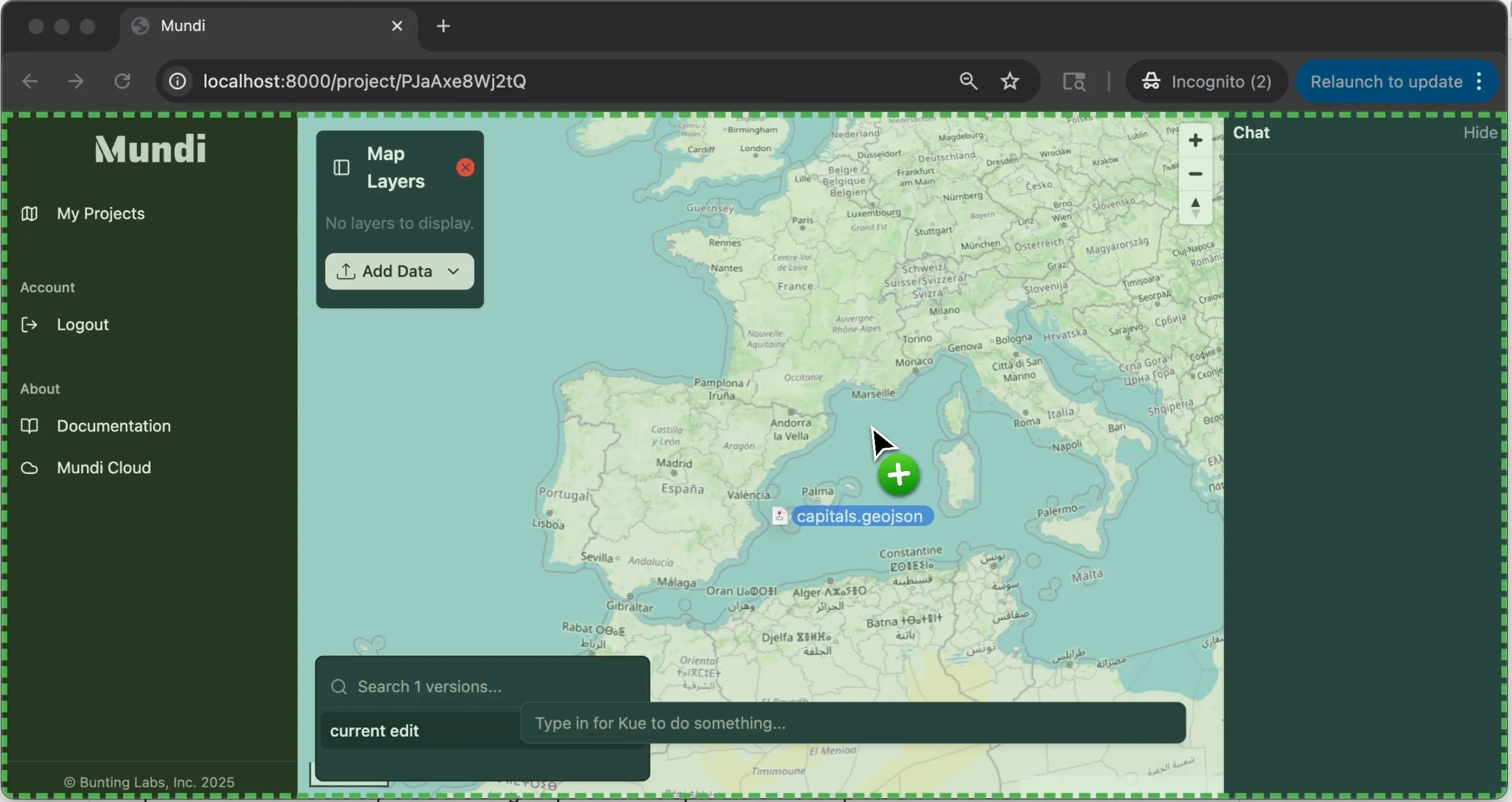 Screenshot showing a GeoJSON layer of US capitals successfully added to the map.