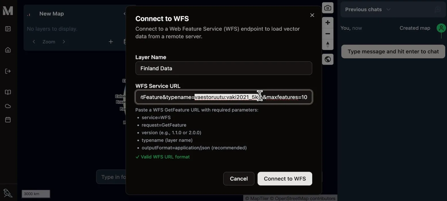 filling out web feature service dialog in Mundi web GIS